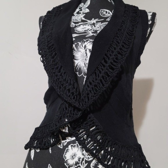 Cache vintage y2k Boho Crochet open cardigan vest crop black S - Picture 2 of 8